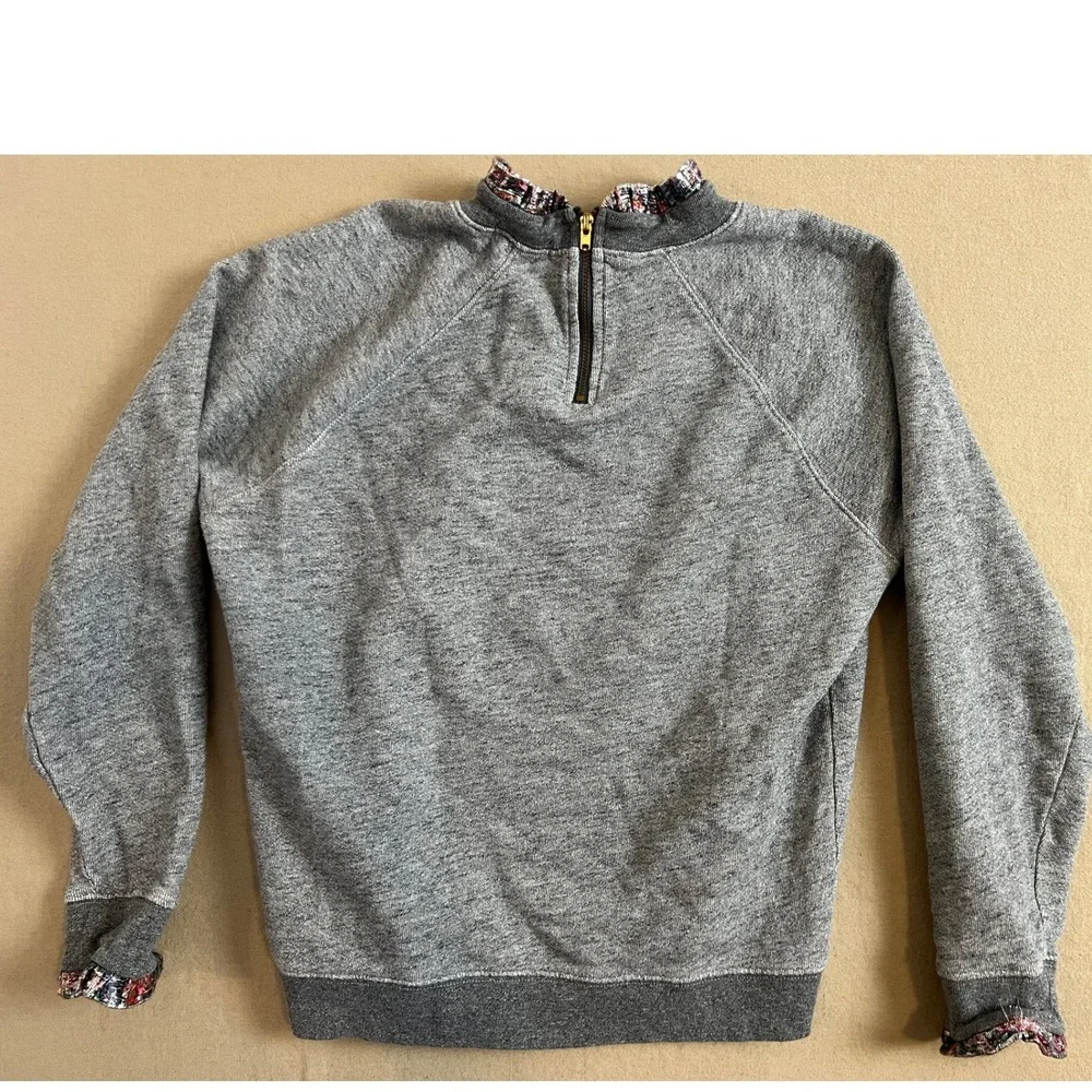 J.Crew Grey Raglan Sweatshirt Metallic Ruffle Trim Back Zip Heathered Top
